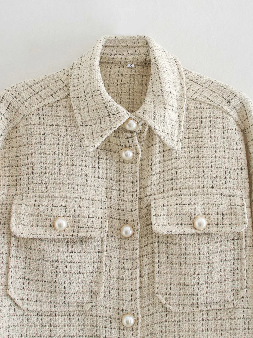 Women Plaid Pattern Thick Coats Jacket Pearl Buttons Long Sleeves Pocket Ladies Elegant Autumn Winter Coat