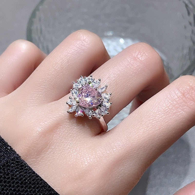Light Luxury Floral Open Ring, Premium Zircon Colored Gem, Unique Sweet Cool Style