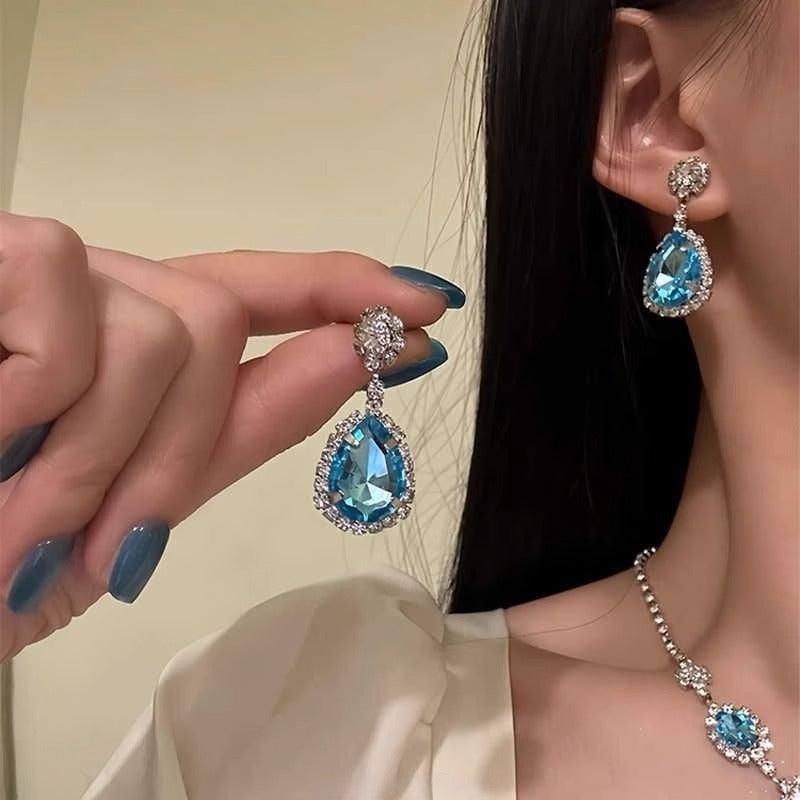 Blue Waterdrop Necklace And Earrings Trendy  Light Luxury Premium