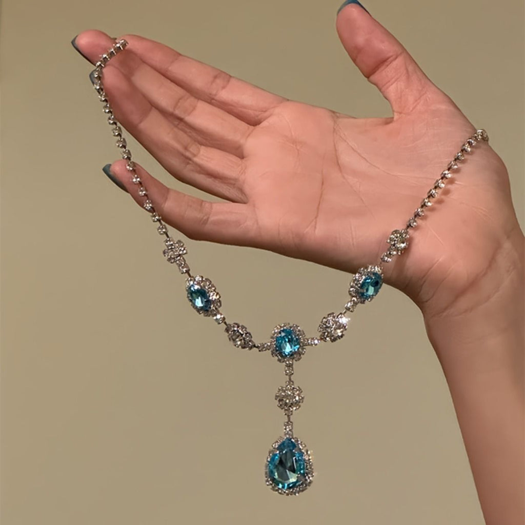 Blue Waterdrop Necklace And Earrings Trendy  Light Luxury Premium