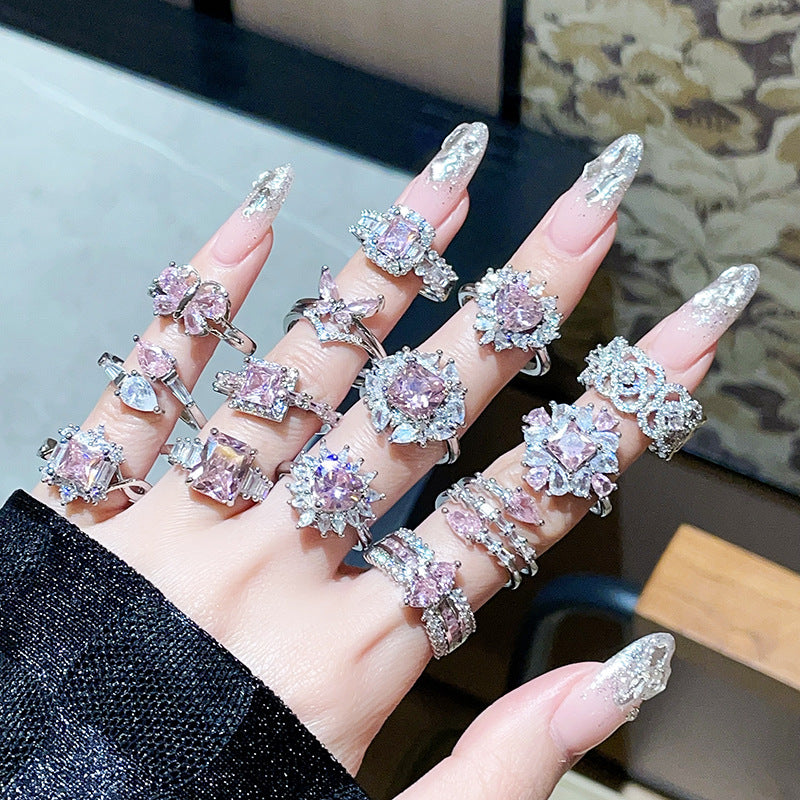 Light Luxury Floral Open Ring, Premium Zircon Colored Gem, Unique Sweet Cool Style