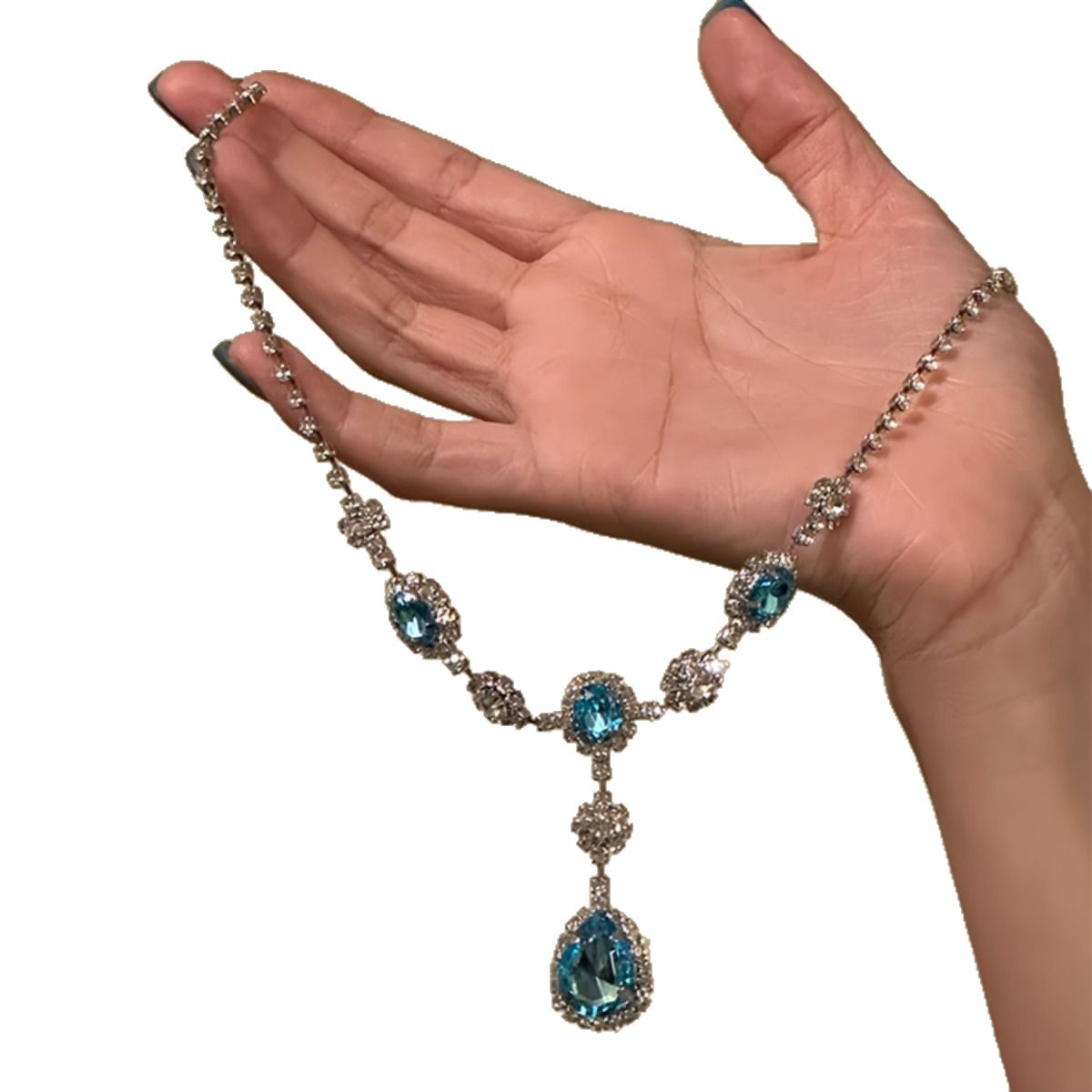 Blue Waterdrop Necklace And Earrings Trendy  Light Luxury Premium