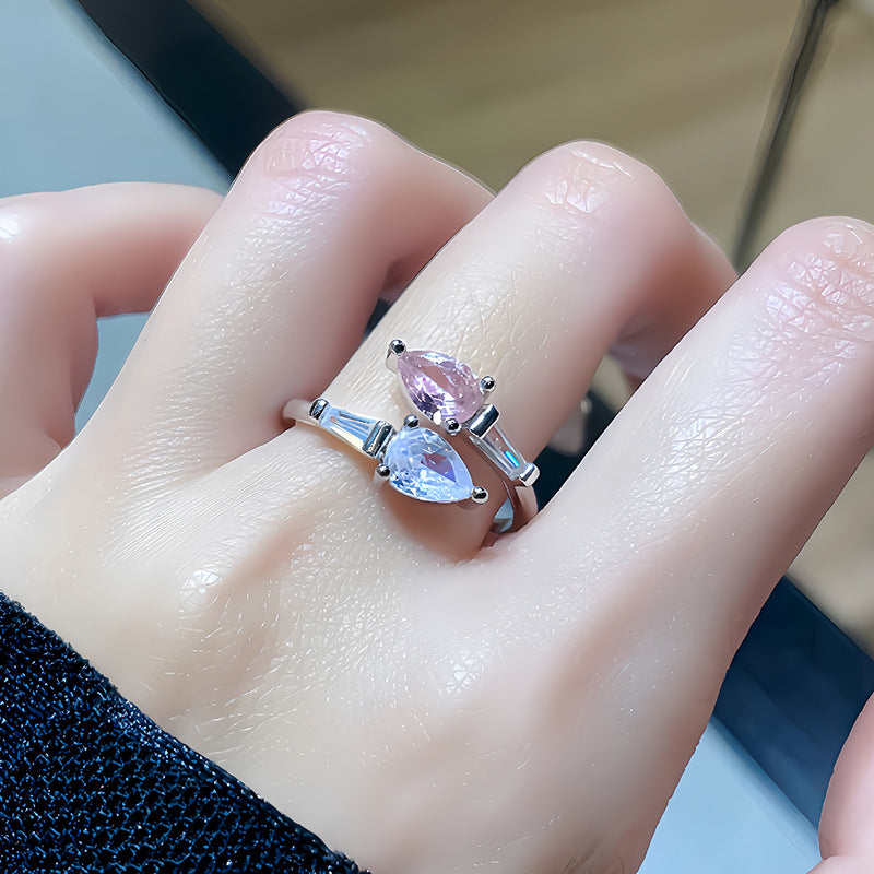 Light Luxury Floral Open Ring, Premium Zircon Colored Gem, Unique Sweet Cool Style
