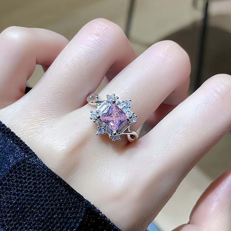 Light Luxury Floral Open Ring, Premium Zircon Colored Gem, Unique Sweet Cool Style