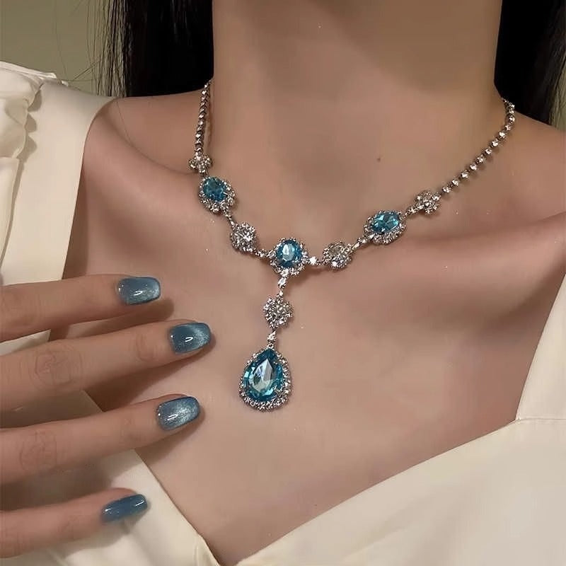 Blue Waterdrop Necklace And Earrings Trendy  Light Luxury Premium