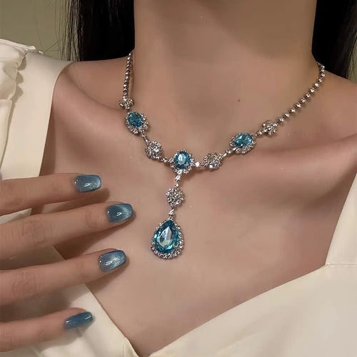 Blue Waterdrop Necklace And Earrings Trendy  Light Luxury Premium