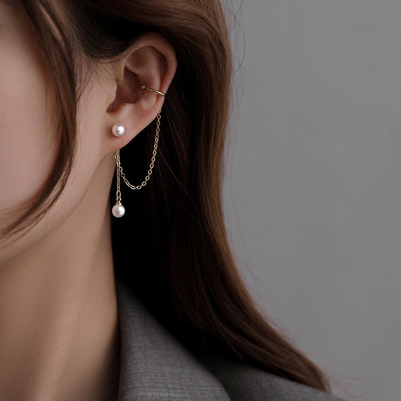 S925 Silver Needle South Korea Light Luxury Premium Pearl Tassel Fashion Net Red Fashion Earclip Earrings